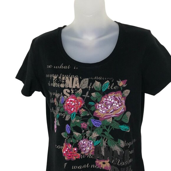 Anna Sui Black Floral Embellished T-shirt With Lace Back Size M - Picture 3 of 8
